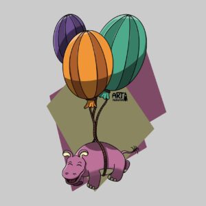 Mini-Nilpferd hängt an Ballons und schwebt