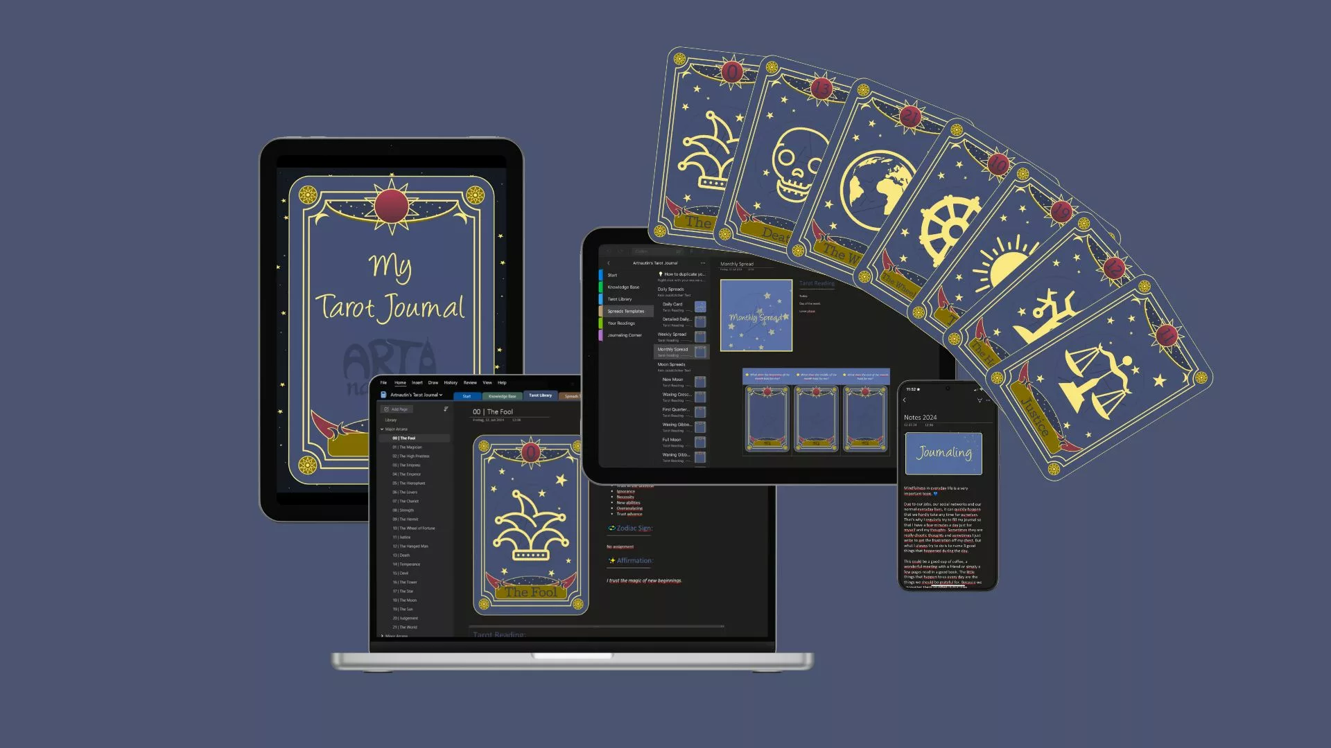 One Note Tarot Journal with digital Tarot card stickers